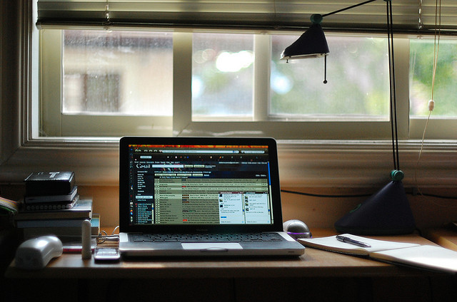 Laptop, Desk, Window, Lamp